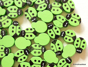 Green Ladybug Wood Beads x 10
